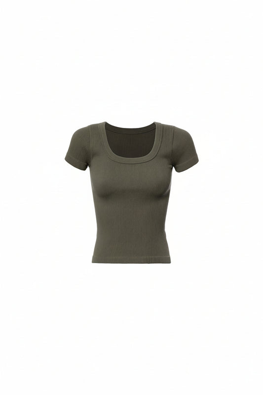 Rib Round Neck Plain Band Tee