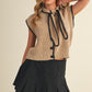 Title Tie Neck Sweater Vest With Contrast Blanket Stitch