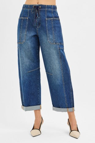 Lola Dark Denim High Rise Crop Wide Barrel Cargo Pocket Pants by Risen