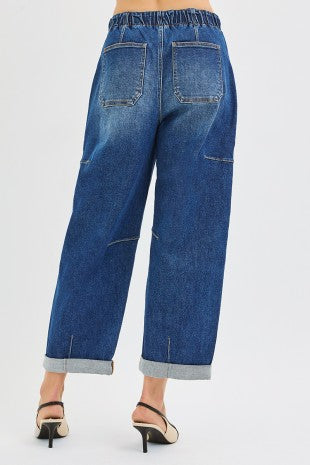 Lola Dark Denim High Rise Crop Wide Barrel Cargo Pocket Pants by Risen