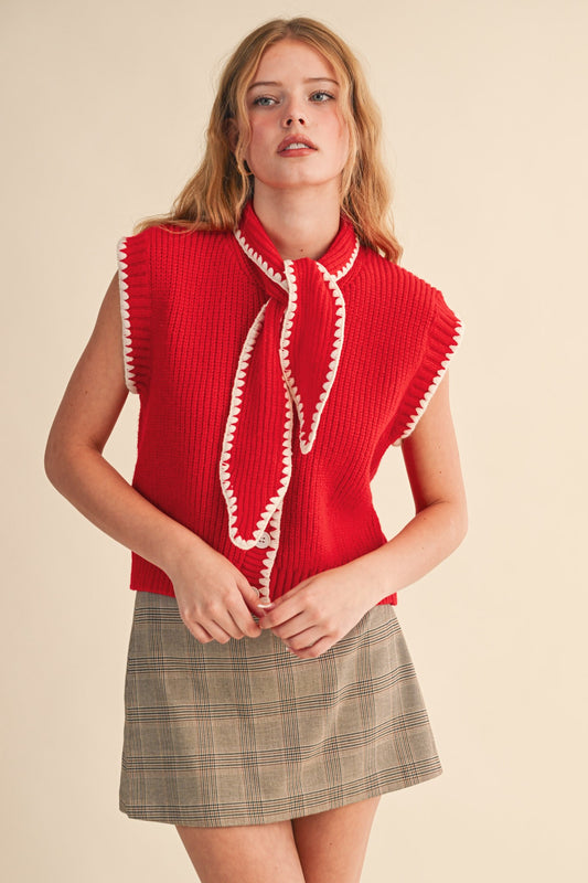 Title Tie Neck Sweater Vest With Contrast Blanket Stitch