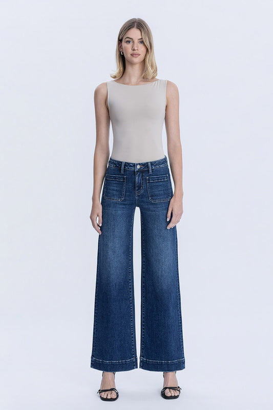 Patch Pocket High Rise Dark Wash Trouser Wide Jeans