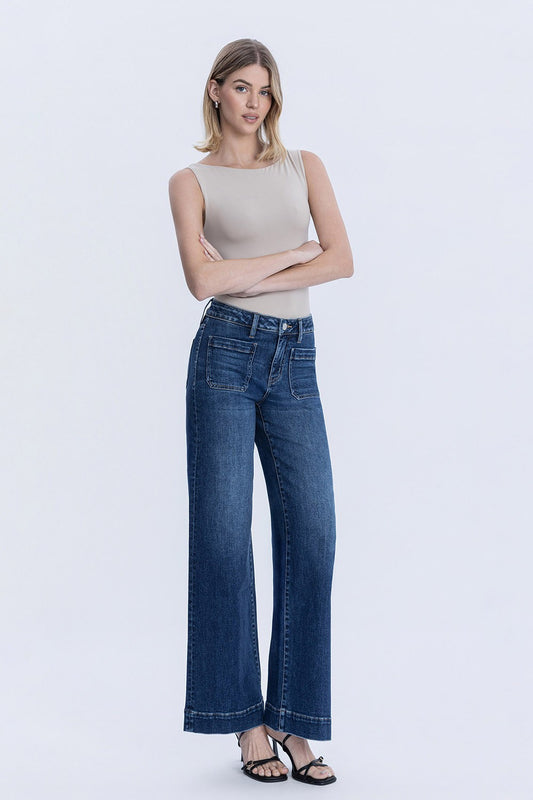 Patch Pocket High Rise Dark Wash Trouser Wide Jeans