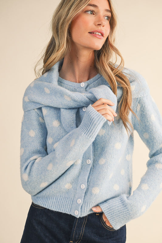 Park Polka Dot Sweater Cardigan With Detachable Scarf