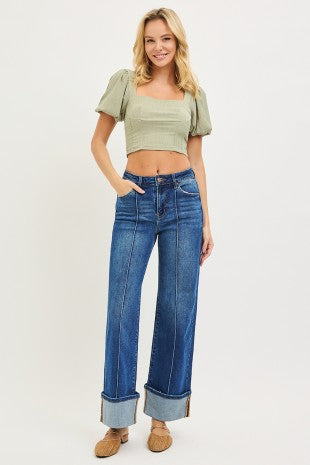 Living High Rise Ankle Wide Turn Up Jeans by Risen
