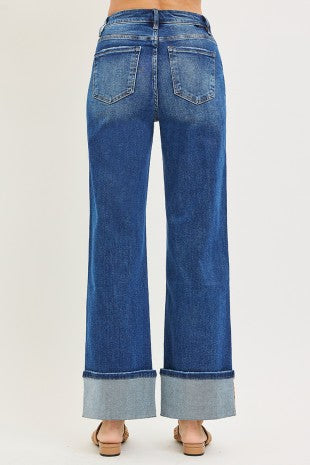 Living High Rise Ankle Wide Turn Up Jeans by Risen