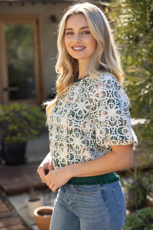Kent Floral Embroidered Plaid Bubble Sleeve Top