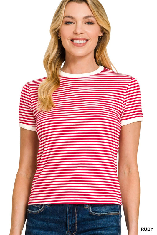 United Striped Contrast Trim Rib Banded Tee
