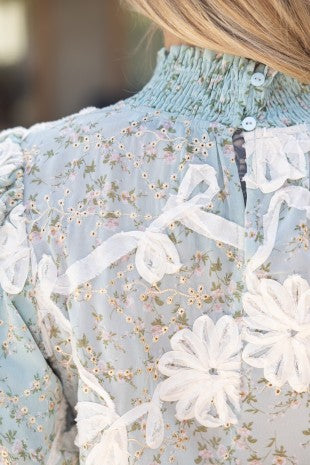 Vancouver Smocked Mock Neck With Floral Lace Detailed Top