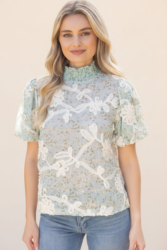 Vancouver Smocked Mock Neck With Floral Lace Detailed Top