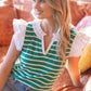 Port Contrast Ruffle Detail Stripe Textured Knit Top