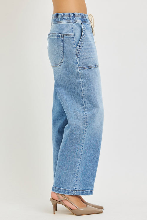 Carefree Elastic Band Slouchy Cropped Baggy Patch Pockets