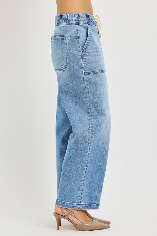 Carefree Elastic Band Slouchy Cropped Baggy Patch Pockets