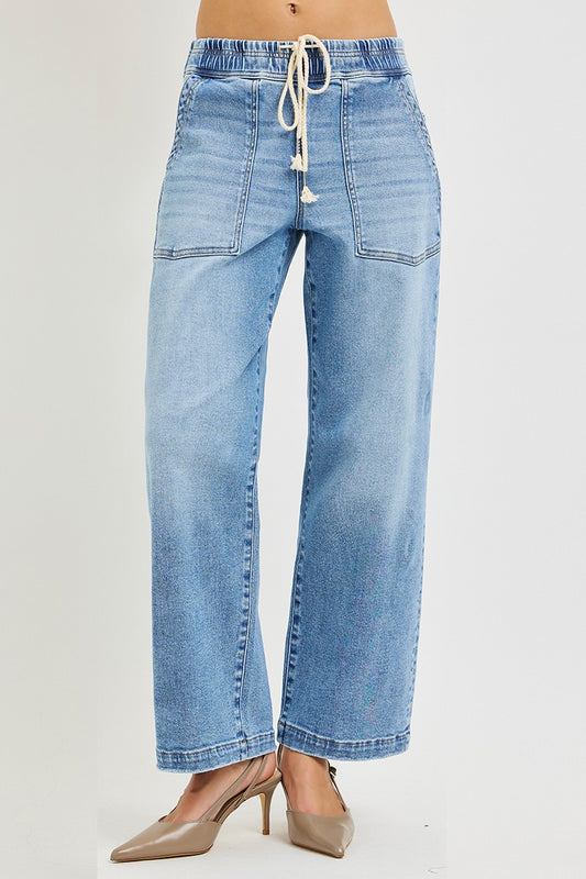 Carefree Elastic Band Slouchy Cropped Baggy Patch Pockets