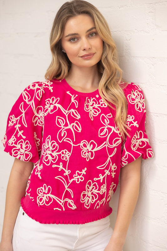 Tacoma Floral Embroidered Short Bubble Sleeve Top