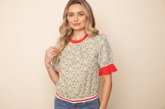 Bellevue Ruffle Striped Band Floral Embroidered Top