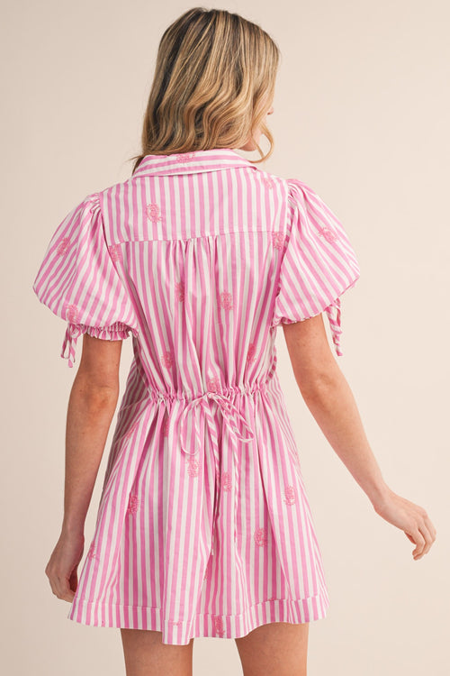 Candy Striped Paisley Embroidery Button Down Mini Dress