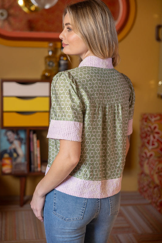 July Mixed Print Button Down Floral Embroidered Top