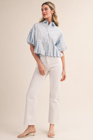 Bubble Pleated Front Collared Button Down Top