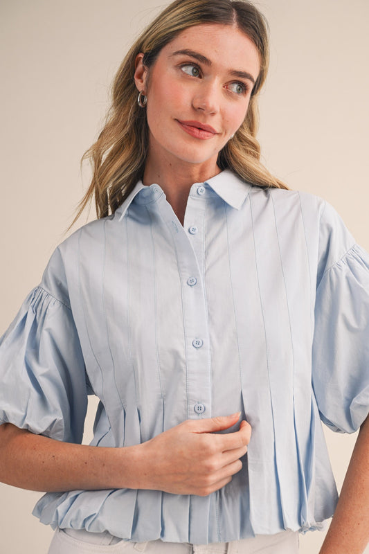 Bubble Pleated Front Collared Button Down Top