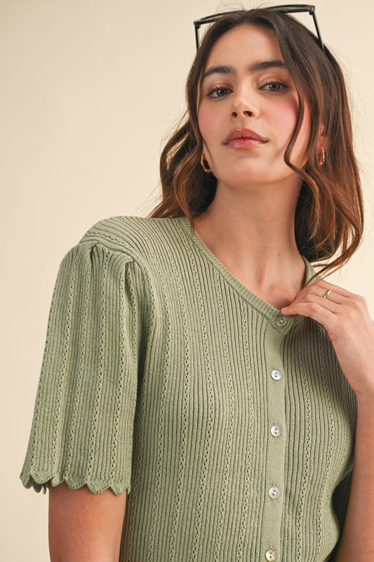 Scalloped Pointelle Short Sleeve Knit Cardigan