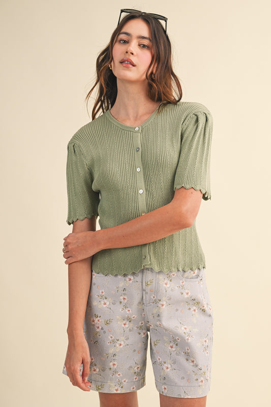 Scalloped Pointelle Short Sleeve Knit Cardigan