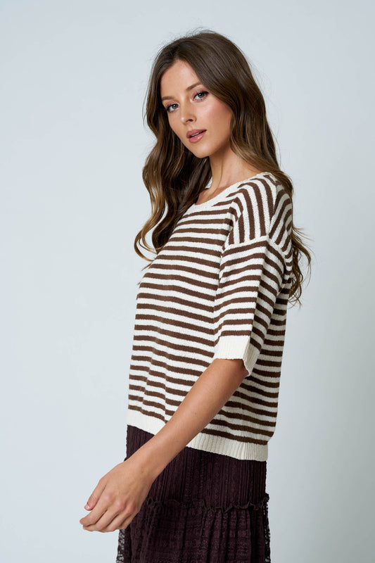 Callie Stripe Contrast Trim Short Sleeve Knit Sweater