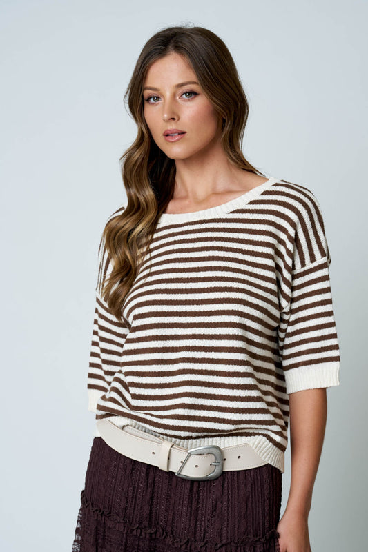 Callie Stripe Contrast Trim Short Sleeve Knit Sweater