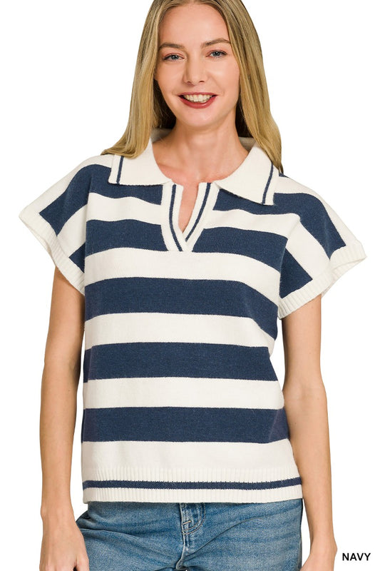 George Striped Collared Short Sleeve Sweater