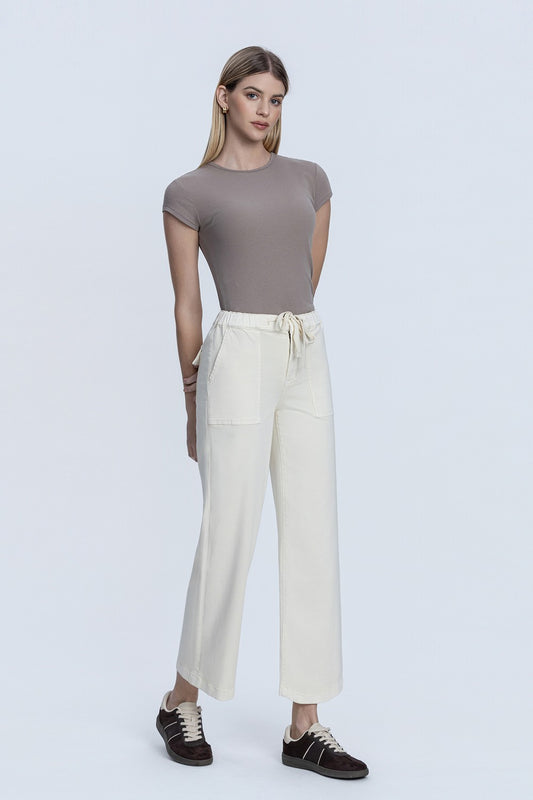 Demand High Rise Ecru Color Drawstring Baggy Wide Jeans