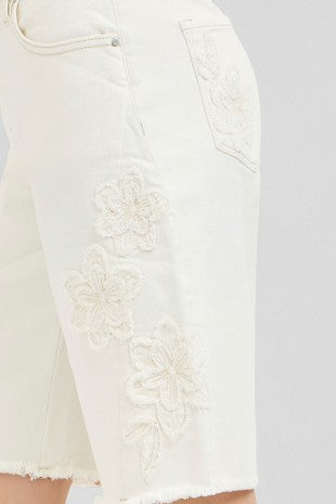 Spiral Slouchy Relaxed Floral Embroidered Bermuda Shorts
