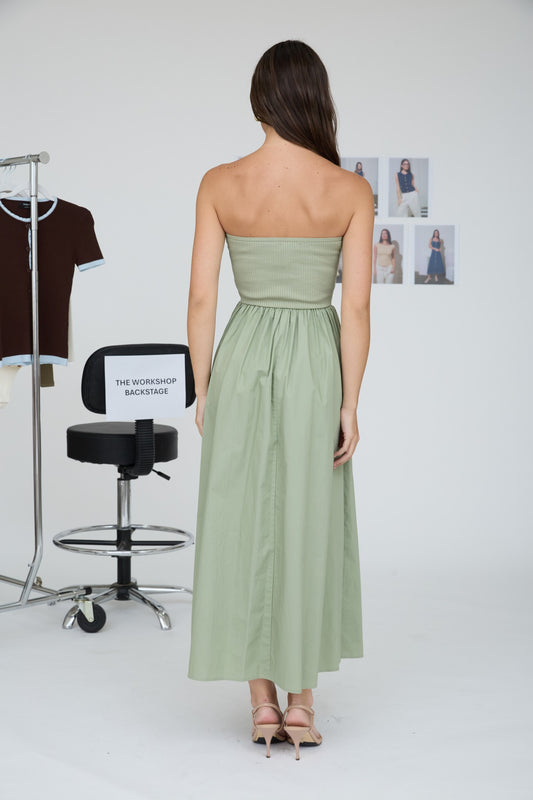 Athena Strapless Twist Front Mixed Media Midi Dress