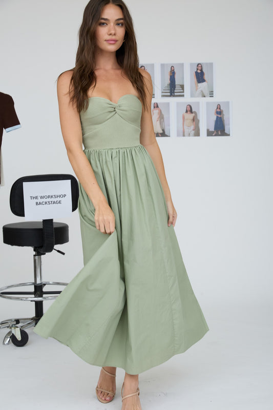 Athena Strapless Twist Front Mixed Media Midi Dress