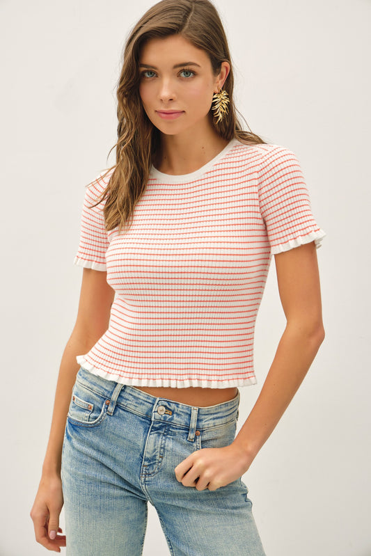 Mini Stripe Ribbed Ruffled Sweater Top