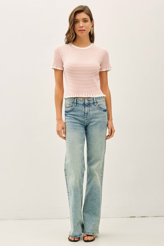 Mini Stripe Ribbed Ruffled Sweater Top