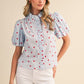 Chapter Polka Dot Ruffled Button Down Top