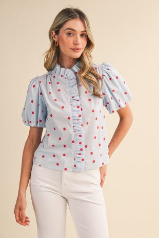Chapter Polka Dot Ruffled Button Down Top