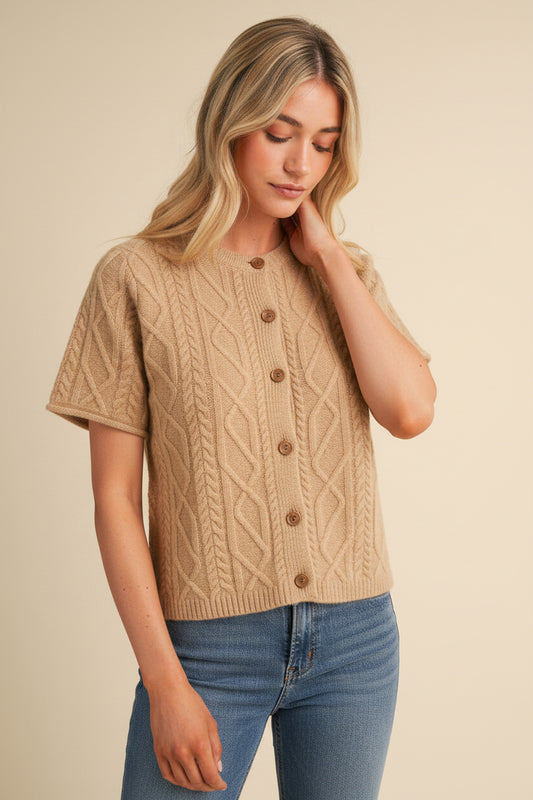 Functional Cable Knit Short Sleeve Sweater Cardigan
