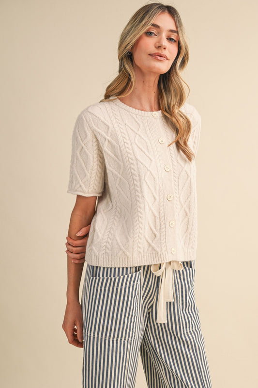 Functional Cable Knit Short Sleeve Sweater Cardigan