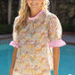 Carley Stripe Ruffle Detail Floral Embroidered Print Top