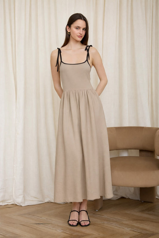 Taylor Contrast Tie Spaghetti Strap Mix Media Midi Dress