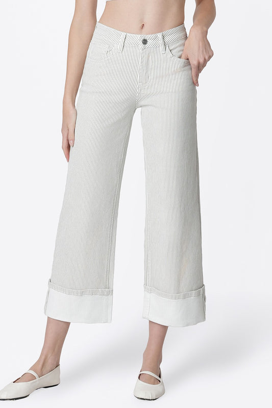 Corporate High Rise Stripe Print Cuffed Crop Wide Jeans