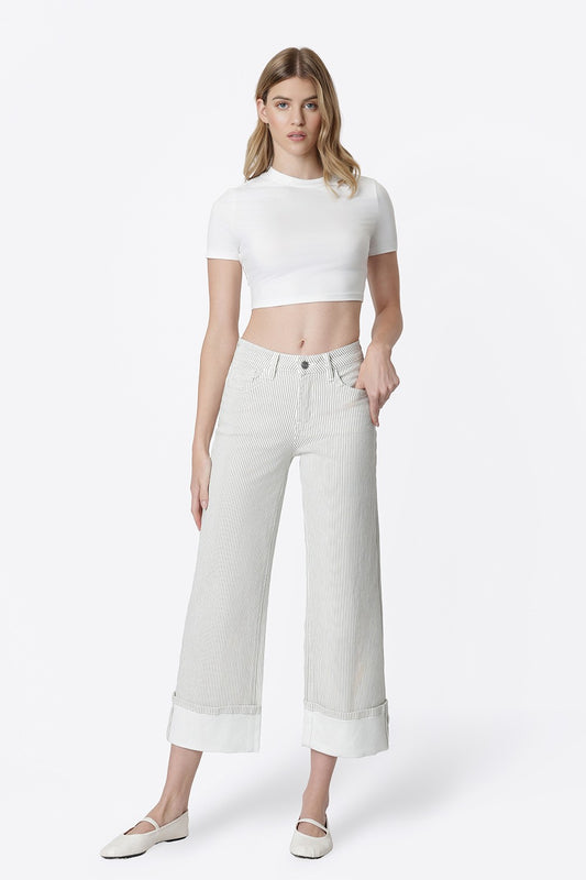Corporate High Rise Stripe Print Cuffed Crop Wide Jeans