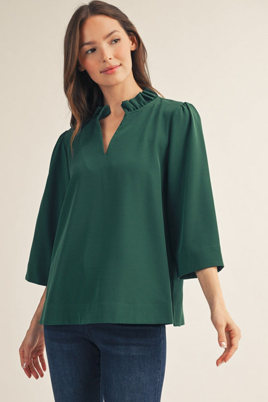 Odette Ruffled Neck Crinkle Solid Top