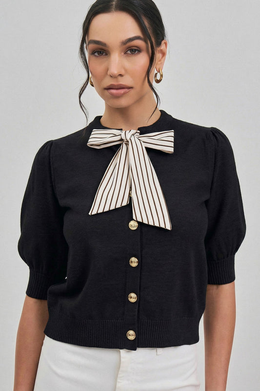 Able Satin Tie Neck Cardigan Sweater