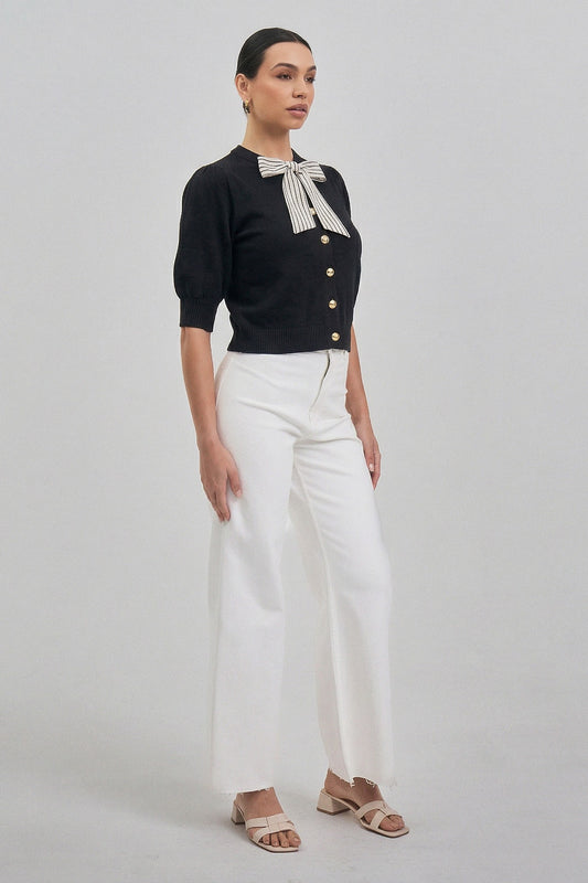 Able Satin Tie Neck Cardigan Sweater