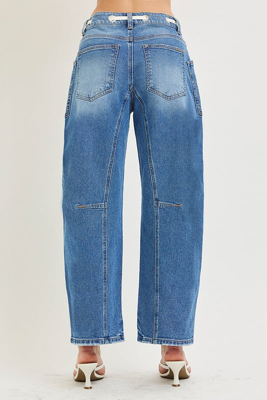 Slouchy Crop Barrel Eyelet Waistband Details Jeans