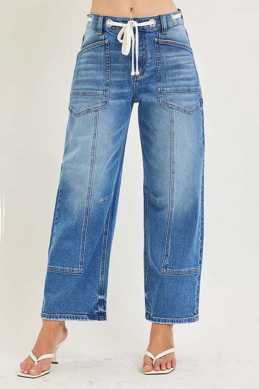 Slouchy Crop Barrel Eyelet Waistband Details Jeans