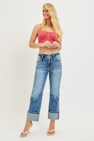 Temple High Rise Straight Cuffed Hem Jeans