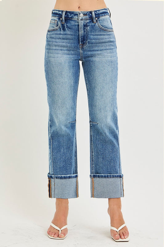 Temple High Rise Straight Cuffed Hem Jeans